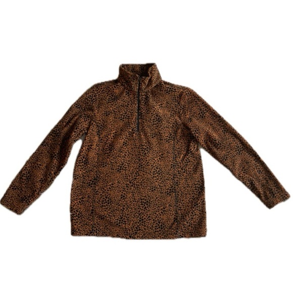 Lands’ End Women's Fleece Quarter Zip Burnt Caramel Leopard Print Medium - Picture 1 of 6